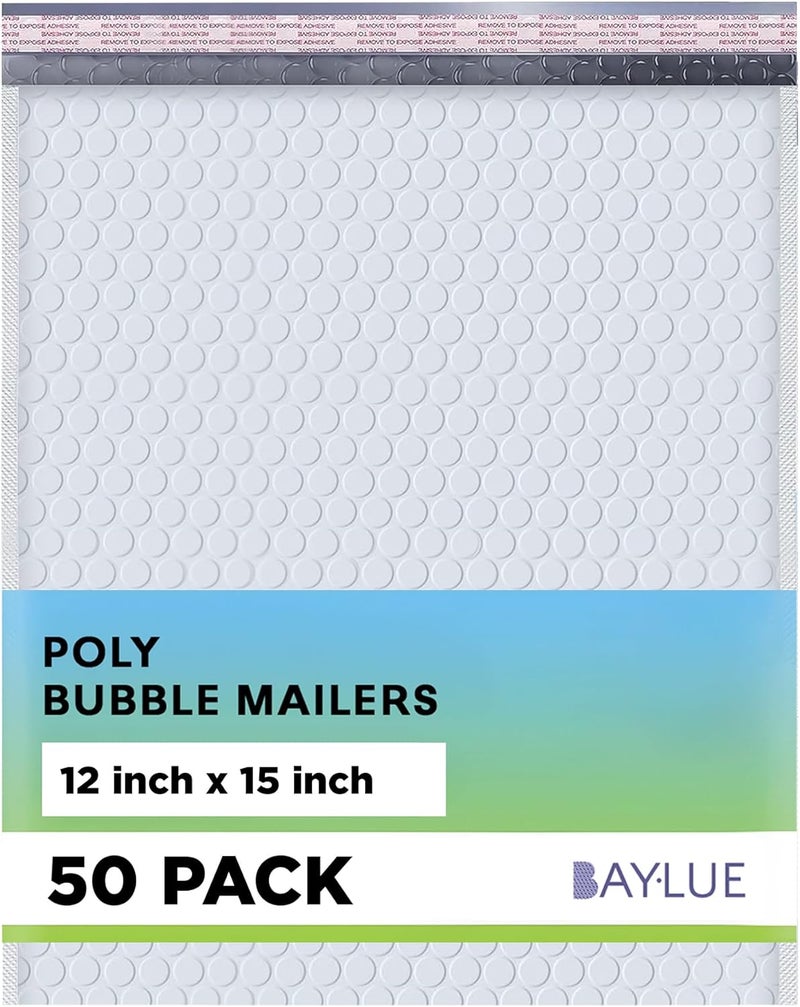 MAILERVIEW White Large Poly Bubble Mailers 12x15 inch | Self Seal Padded Envelopes Cushioned Bubble Mailer | Usable Size 12x15 | WaterProof | Lightweight mailing Shipping Bags | 50 Pack Bulk | USA Made - Image 1